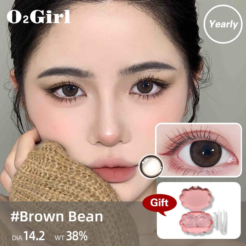 O2girl (COD) คอนแทคเลนส์ ดวงตานิ่ม สีเทา สีน้ําตาลธรรมชาติ 14.2-14.5 มม. 2 ชิ้น (0~-8.00)Bean-Brown