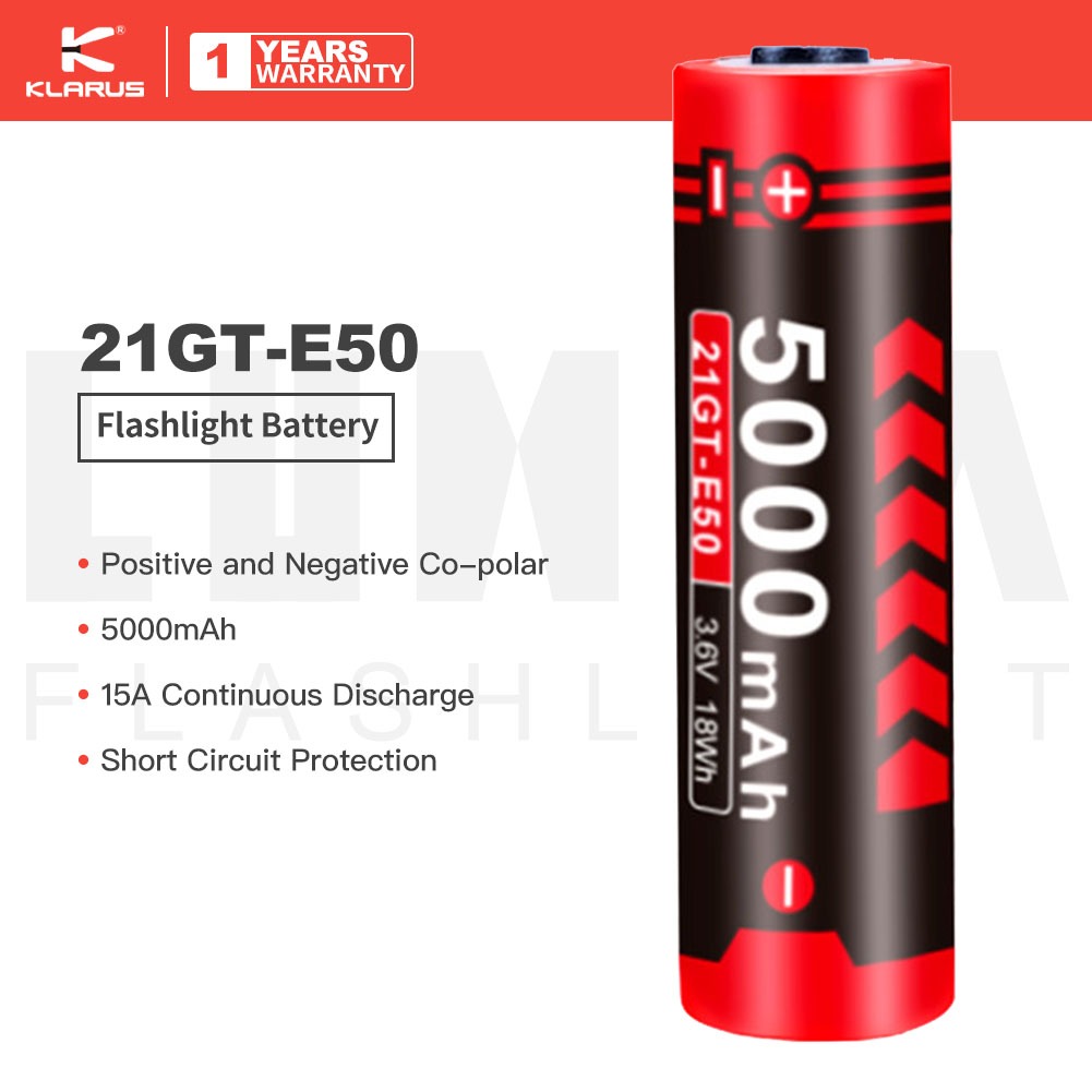 KLARUS 21GT-E50 21700 แบตเตอรี่ไฟฉาย, Co-polar บวกและลบ, 3.7V 5000mAh, 15A การปล่อยต่อเนื่อง, ป้องกั