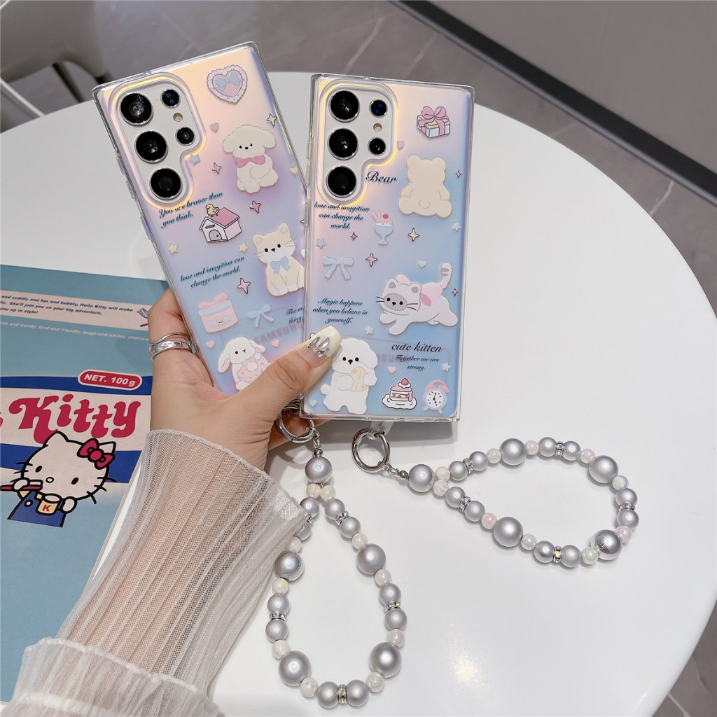 น่ารัก ลูกแมว ลูกหมา เคส Samsung Galaxy S26 Ultra S25 Ultra S25 Plus S25 S24 FE S24 Ultra S24 Plus S24 S23 Ultra S23 Plus S23FE S22Ultra S26 Plus S26 A53 A54 A55 A15 A34 A05S 5G Case เคสโทรศัพท์ใหม่ เชือกลูกปัด สองด้าน IMD ป้องกันการตก เคสมือถือซัมซุง
