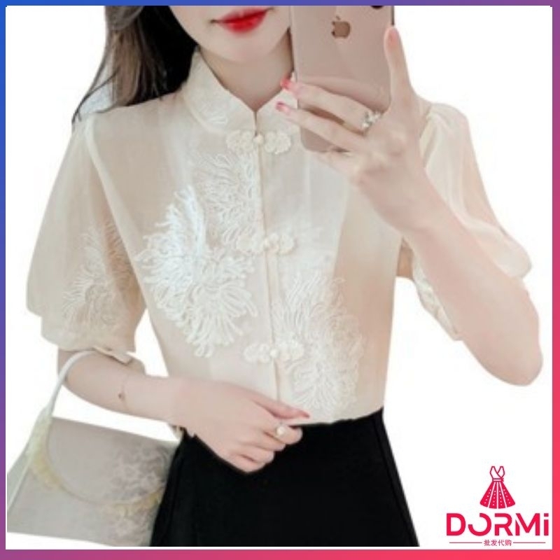 [Dormi®] เสื้อเชิ้ต ผ้าชีฟอง ปักลายนูน สไตล์ฝรั่งเศส ย้อนยุค เก๋ไก๋ ฤดูร้อน สําหรับผู้หญิง