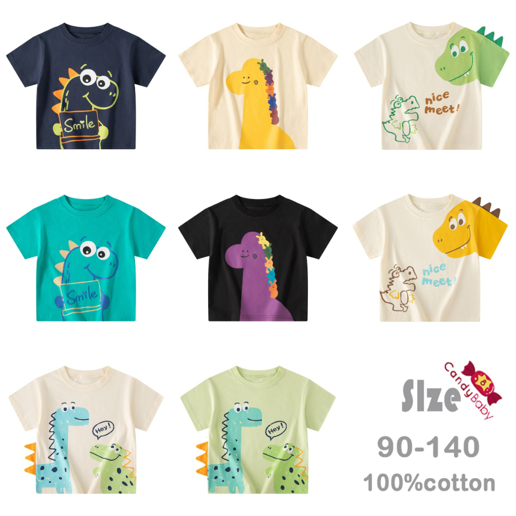 เสื้อยืดคอกลม แขนสั้น ผ้าฝ้าย ลายการ์ตูนไดโนเสาร์น่ารัก แฟชั่นฤดูร้อน สําหรับเด็กผู้ชาย