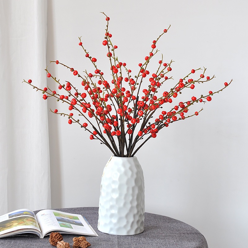 ดอกไม้ประดิษฐ์ 3 ส้อม Begonia ผลไม้ เบอร์รี่ ห้องนั่งเล่น โต๊ะรับประทานอาหาร โต๊ะกาแฟ ในร่ม ดอกไม้จัดดอกไม้ ผลไม้สีแดง ร่ํารวย เบอร์รี่ เครื่องประดับตกแต่ง