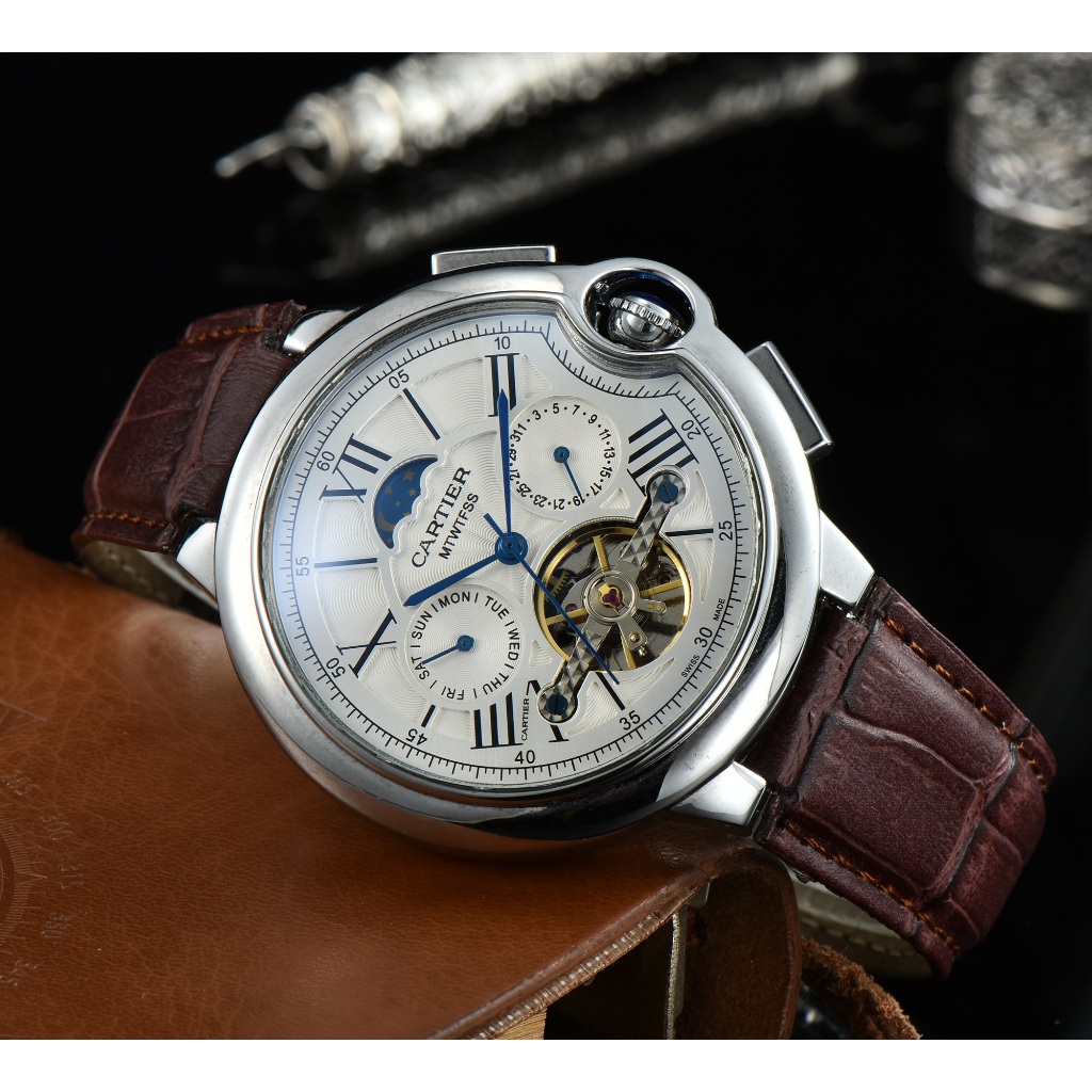 Cartier CARTIER สามตา หกมือ ตัวเรือนสเตนเลส สายหนัง นาฬิกาผู้ชาย Rui Watch 5