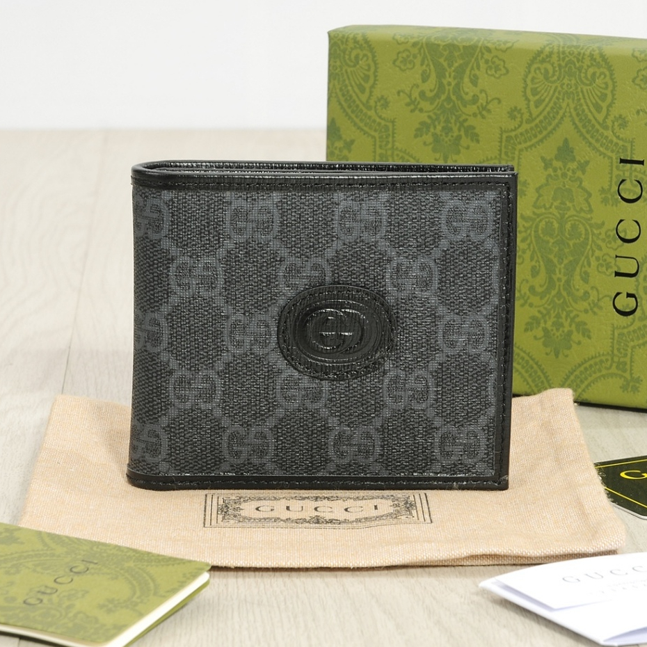 Gucci ของแท้ 671652 กระเป๋าสตางค์หนัง ใบสั้น ทรงวงรี แบบประสานกันสองชั้น สําหรับผู้ชาย (พร้อมกล่อง)