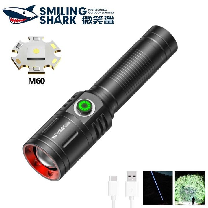 SmilingShark SD5233 ไฟฉาย LED แบบพกพา M60 6000lm 4 โหมด ซูมได้ 18650 Type-C ชาร์จใหม่ได้ กันน้ำสำหรับตั้งแคมป์เดินป่าในครัวเรือน