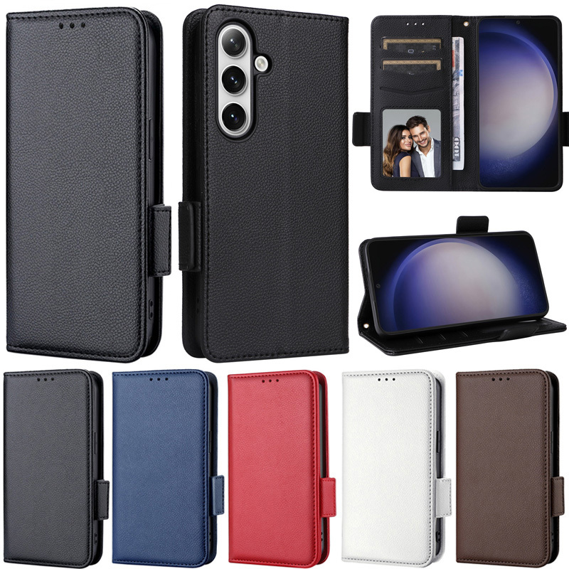 หรูหราปลอกหนัง PU นุ่ม สําหรับ Samsung Galaxy S25/S24/S23/S22/S21 Series เคสกระเป๋าสตางค์ลาย Litchi มีช่องใส่การ์ด