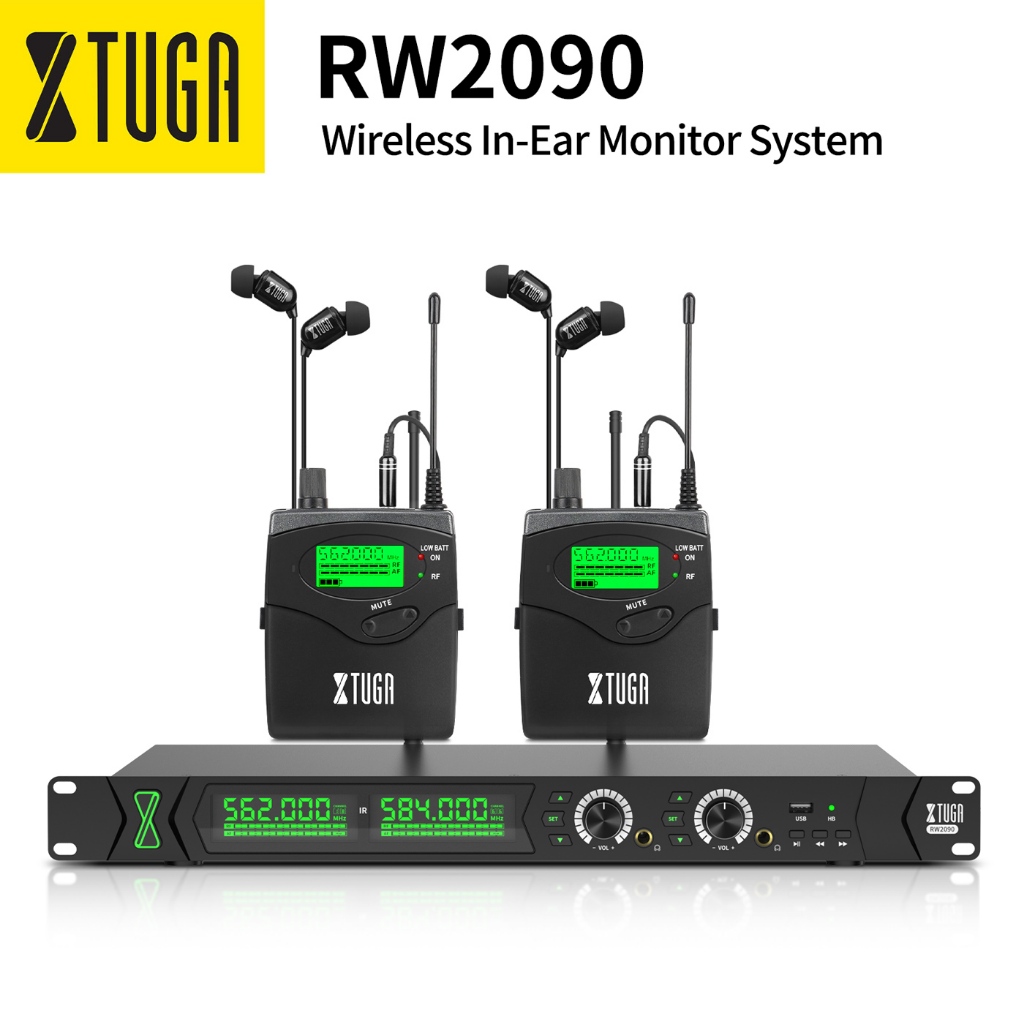 Xtuga RW2090 UHF ระบบมอนิเตอร์อินเอียร์ไร้สาย SR2050 Type 2 ช่องส่งสัญญาณ พร้อมตัวรับสัญญาณ 2 ช่อง รองรับบลูทูธ เล่น USB สําหรับ DJ คอนเสิร์ต การแสดงบนเวที