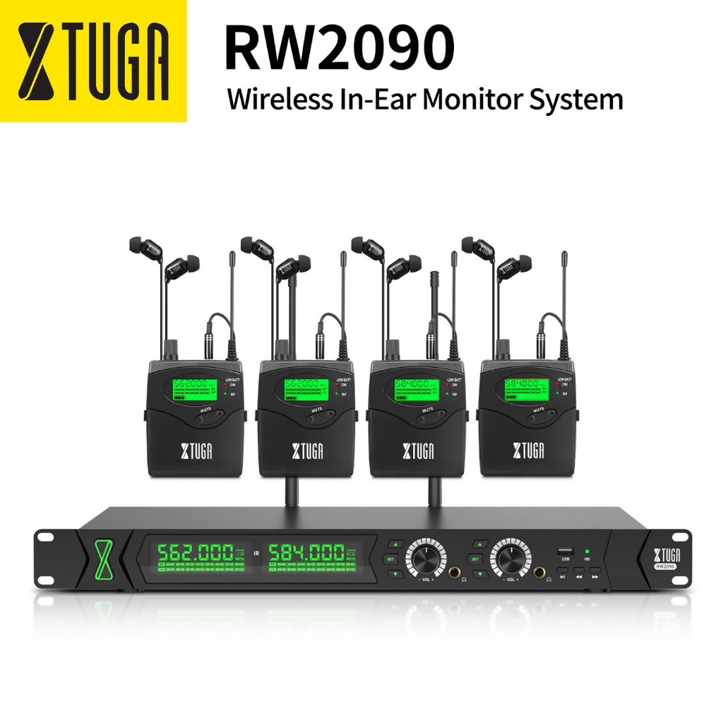 Xtuga RW2090 UHF ระบบมอนิเตอร์อินเอียร์ไร้สาย SR2050 Type 2 ช่องส่งสัญญาณ พร้อมตัวรับสัญญาณ 4 ช่อง รองรับบลูทูธ เล่น USB สําหรับ DJ คอนเสิร์ต การแสดงบนเวที
