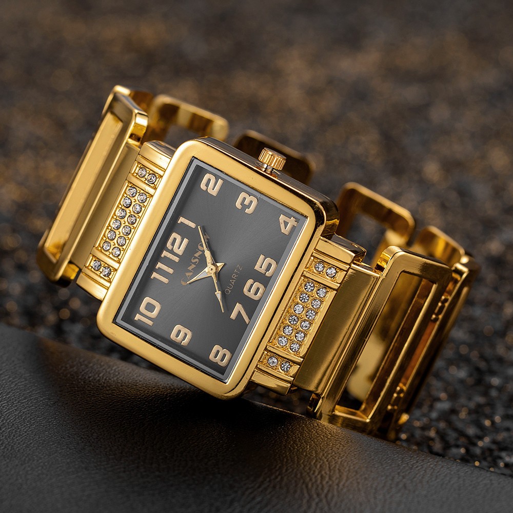 W112 นาฬิกาข้อมือ ทรงสี่เหลี่ยมผืนผ้า หรูหรา สีทอง สีเงิน แฟชั่น สําหรับผู้หญิง