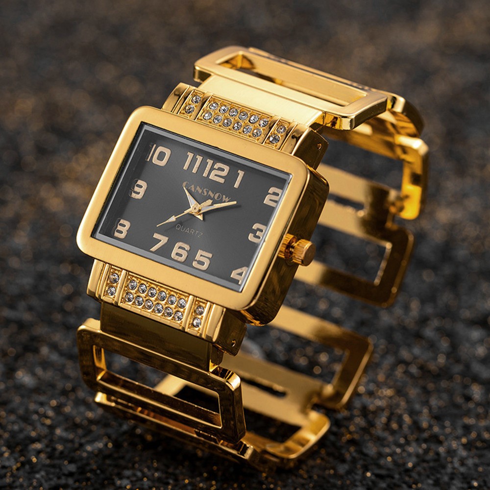 W112 นาฬิกาข้อมือ ทรงสี่เหลี่ยมผืนผ้า หรูหรา สีทอง สีเงิน แฟชั่น สําหรับผู้หญิง