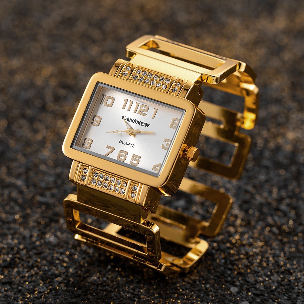 W112 นาฬิกาข้อมือ ทรงสี่เหลี่ยมผืนผ้า หรูหรา สีทอง สีเงิน แฟชั่น สําหรับผู้หญิง