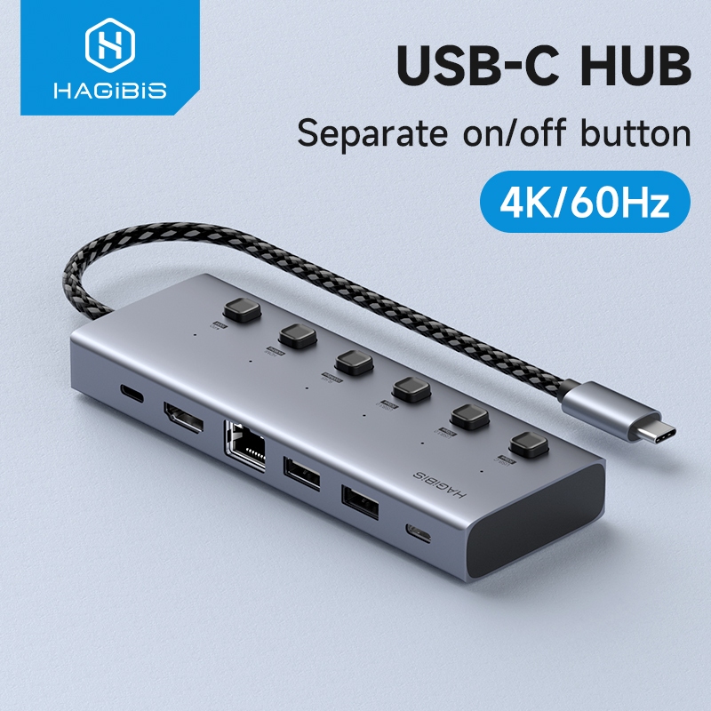 Hagibis USB C Hub 6 in 1 สวิตช์เปิด/ปิดส่วนบุคคล Type-C Docking Station 100W PD 4K @ 60Hz HDMI Gigabit Ethernet RJ45 5Gbps USB 3.0 และพอร์ต USB-C สําหรับแล็ปท็อป MacBook Pro PC