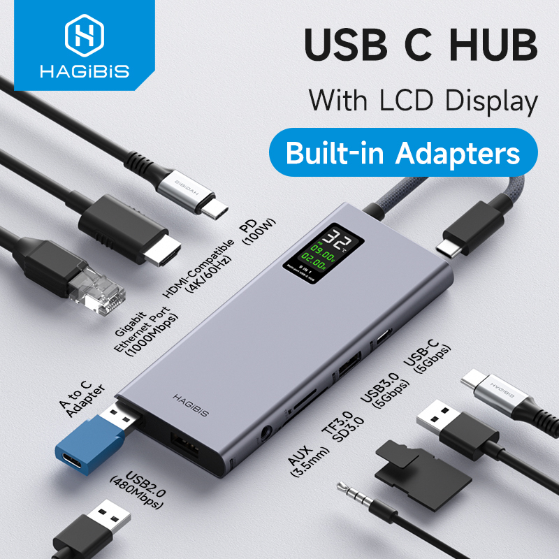 Hagibis USB C Hub จอแสดงผล LCD Type C Multiport อะแดปเตอร์ 4K HDMI-ใช้งานร่วมกับ 100W PD Gigabit Ethernet โทรศัพท์มือถือเชื่อมต่อ U Disk/SD/TF Data Transfer สําหรับ Macbook Pro iPad