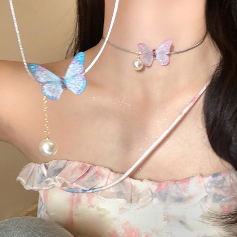 เครื่องประดับ สร้อยคอโชคเกอร์ สายโซ่ จี้ผีเสื้อ ประดับไข่มุก สีเงิน สวยหรู แฟชั่นสําหรับผู้หญิง