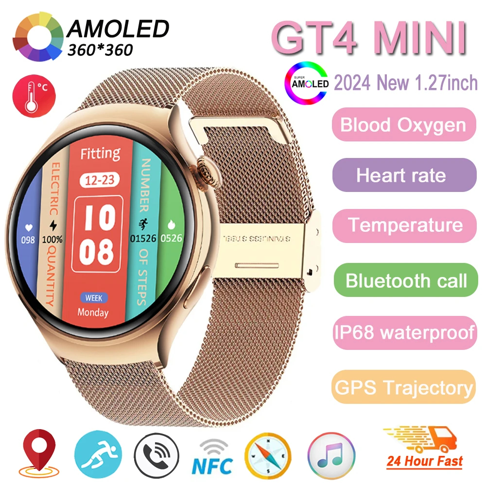 ใหม่ นาฬิกาข้อมือสมาร์ทวอทช์ Huawei Xiaomi GT4Mini NFC GPS AMOLED หน้าจอ HD 360*360 วัดอัตราการเต้นหัวใจ โทรได้ 2024 สําหรับผู้ชาย ผู้หญิง