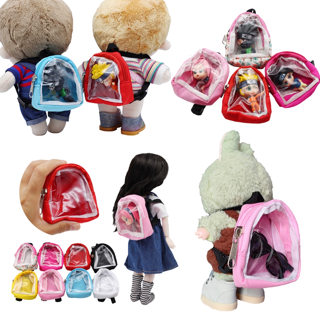 กระเป๋าตุ๊กตาผ้าฝ้ายกระเป๋าเป้สะพายหลังโปร่งใสสําหรับ 17 ซม. Labubu Bao-ao และ 15-20 ซม.ตุ๊กตาผ้าฝ้าย EXO และ 1/6 BJD ( 7*6*3 ซม.) จี้สามารถติดตั้งได้