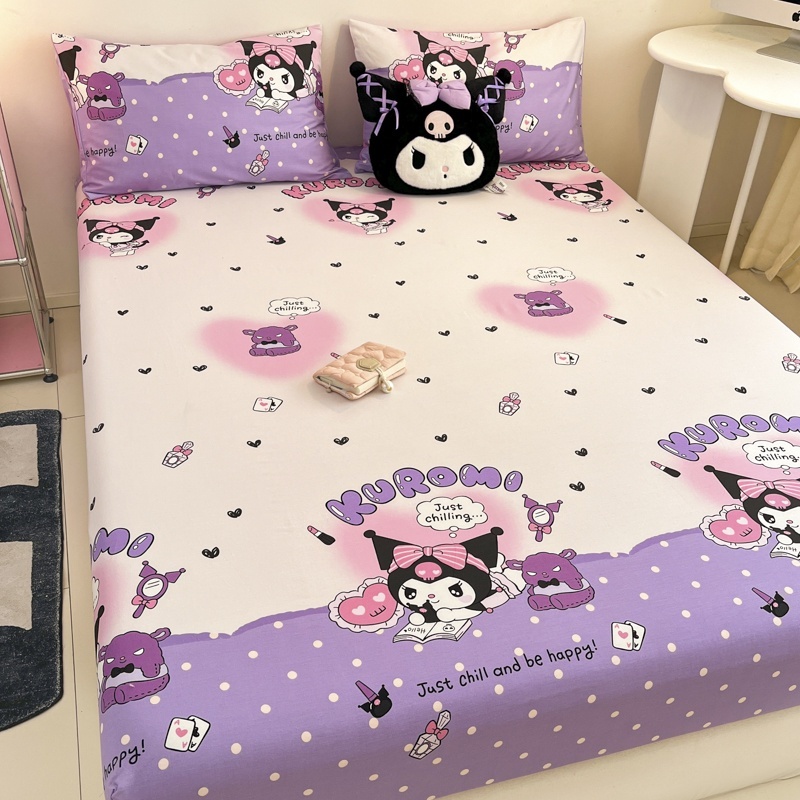 ผ้าปูที่นอน ผ้าฝ้าย 100% พิมพ์ลายการ์ตูน Kuromi and Kitty สําหรับเตียงเดี่ยว ควีนไซซ์ คิงไซซ์