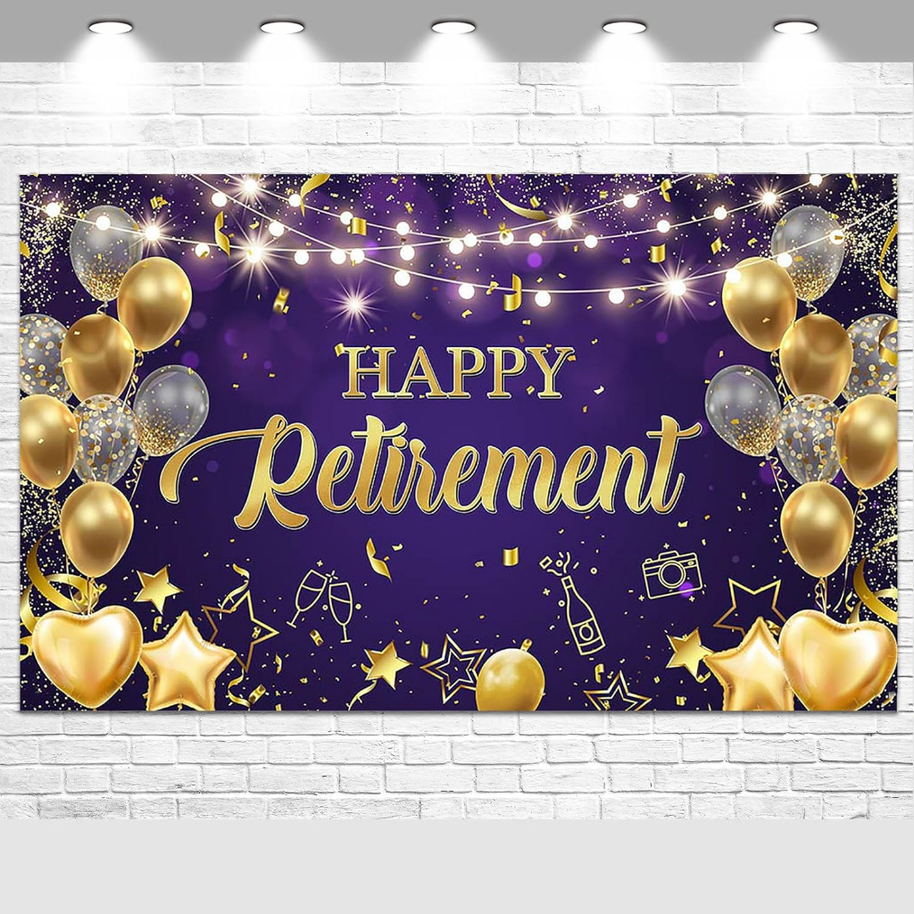 Happy Retirement ฉากหลังถ่ายภาพ แบนเนอร์เกษียณอายุ สีม่วง และสีทอง พร้อมเชือก สําหรับตกแต่งปาร์ตี้