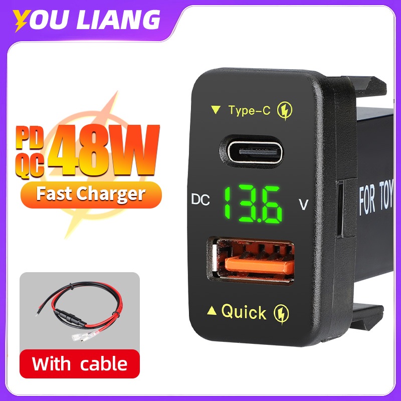 อะแดปเตอร์ซ็อกเก็ตชาร์จ 48W 12V-24V QC3.0 Usb สําหรับ Toyota Led โวลต์มิเตอร์ Type-C Port Plug