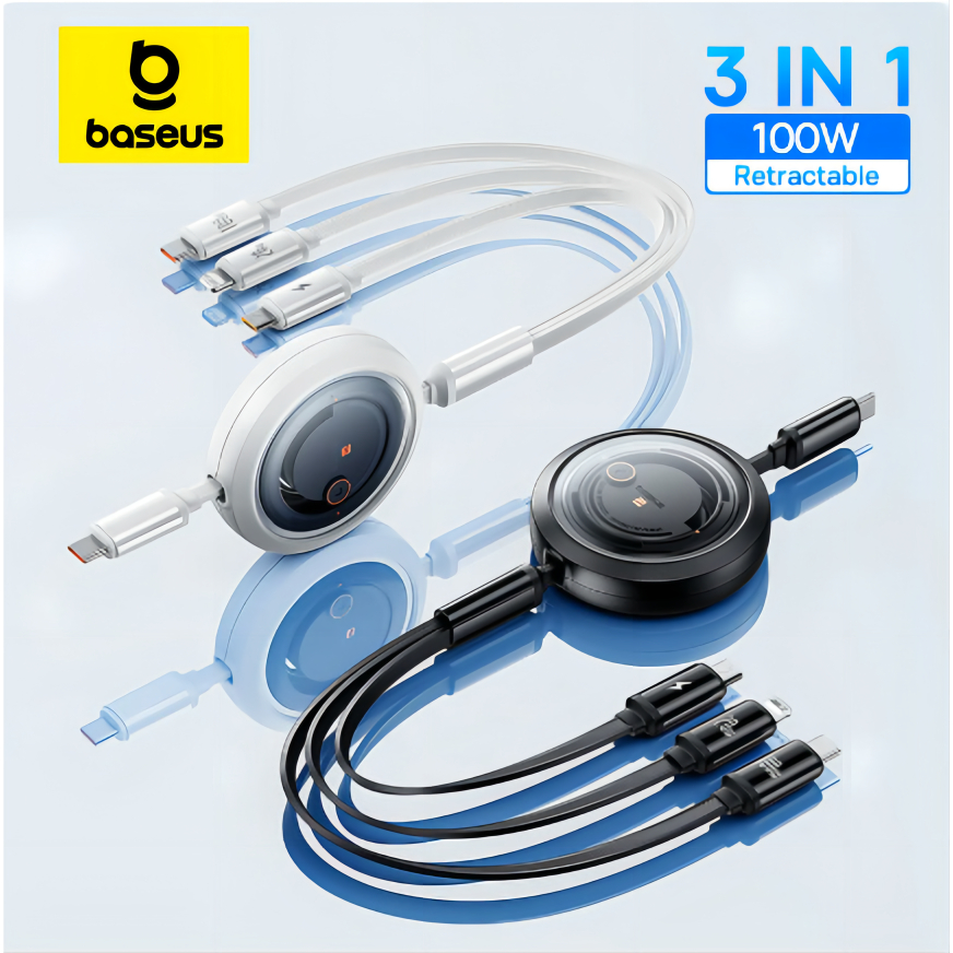 Baseus สายชาร์จ Type C 100W 3in1 ยืดหดได้ ชาร์จเร็ว พร้อม M+L+C รองรับการส่งข้อมูล สําหรับ iPhone Huawei