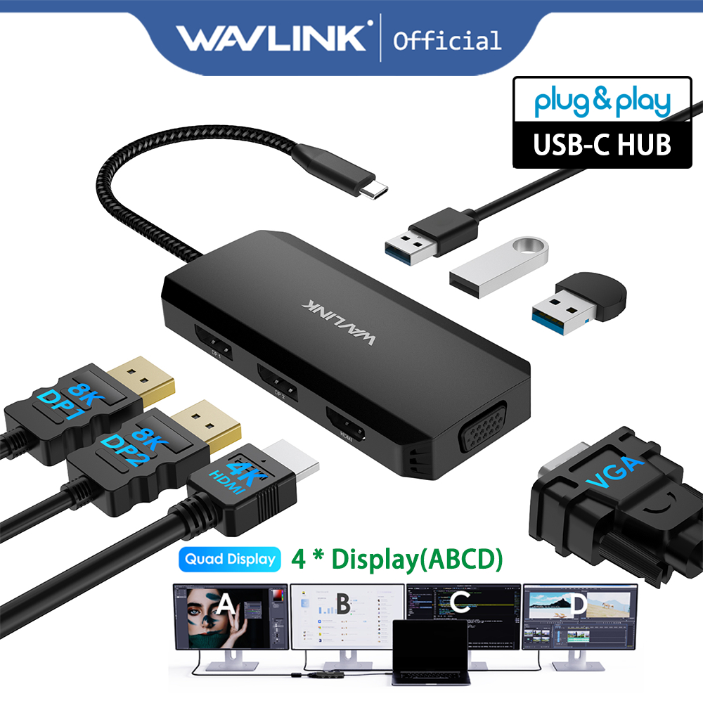 Wavlink อะแดปเตอร์เชื่อมต่อแล็ปท็อป 7-IN-1 Quad Monitor พร้อม 4K HDMI 8K DP VGA