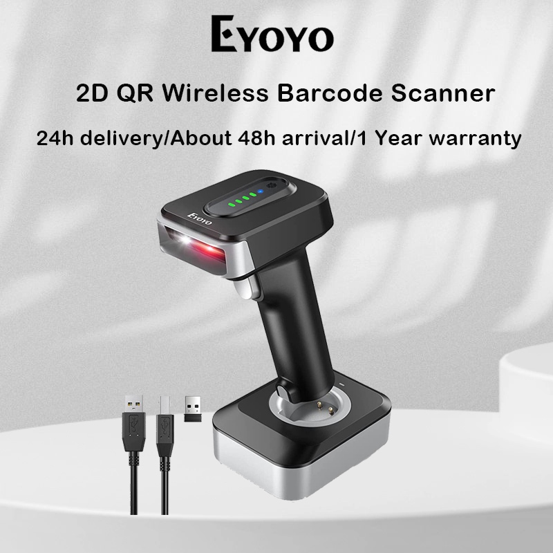 Eyoyo เครื่องสแกนบาร์โค้ดไร้สาย QR 2D ใช้งานง่าย บลูทูธ 3-in-1 และสาย USB และไร้สาย 1D 2D QR Barcode