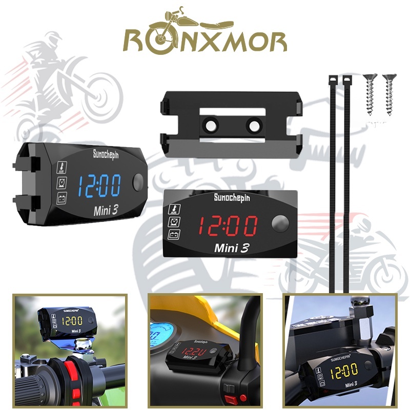 Ronxmor เครื่องวัดแรงดันไฟฟ้าดิจิทัล โวลต์มิเตอร์ไฟฟ้า หน้าจอดิจิทัล IP67 6-30V 3 in 1 อเนกประสงค์ กันน้ํา สําหรับรถจักรยานยนต์