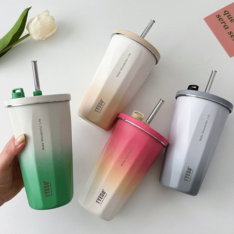 600มล แก้วเก็บความเย็น Tyeso ของแท้ สีทูโทน แก้วกาแฟ พร้อมหลอด+แปรง แก้วน้ํา กระติกน้ําร้อน
