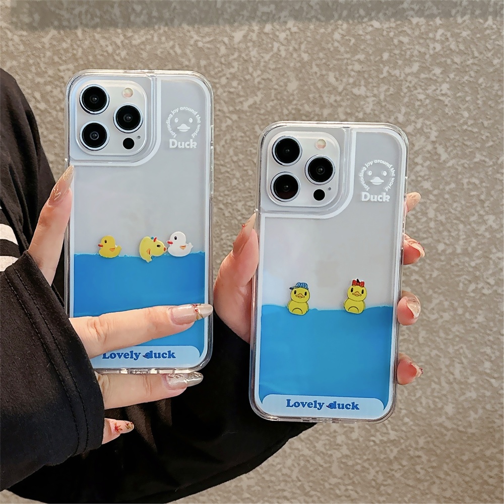 สําหรับ iPhone 15 Pro Max 14 12 13 Pro 11 ย้ายของเหลวลอยน่ารักเป็ดไอคอน Quicksand ฝาครอบกรณี