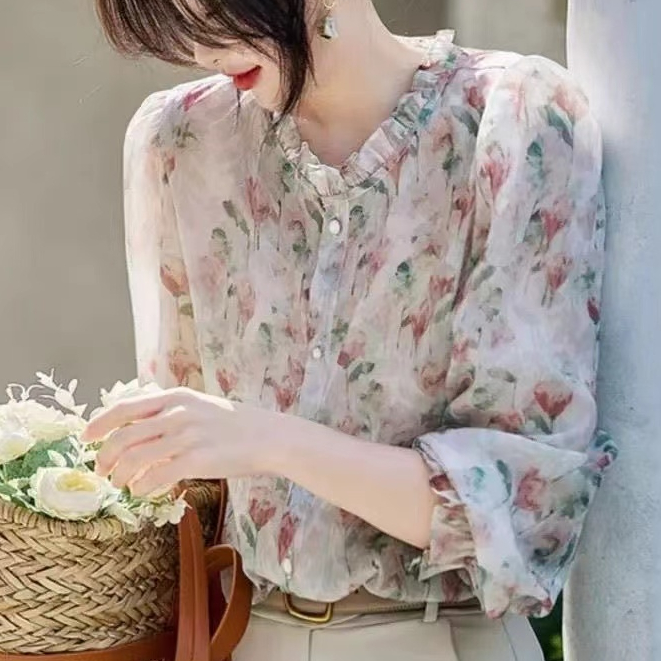 เสื้อเชิ้ตแขนยาว ผ้าชีฟอง ทรงหลวม ลายดอกไม้ สไตล์เกาหลี สําหรับผู้หญิง