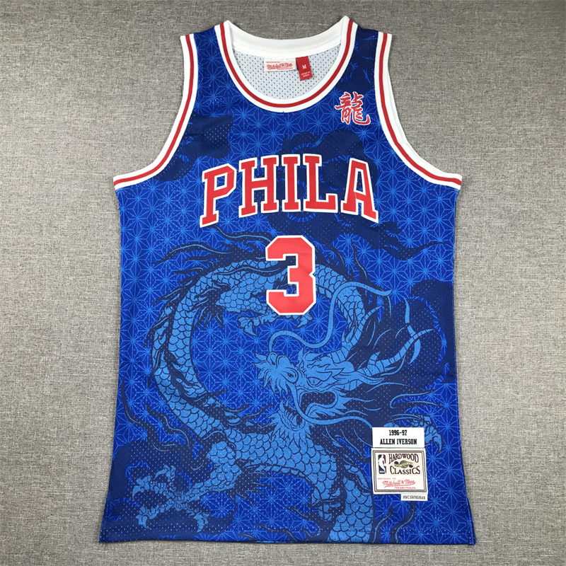 Mens Allen Iverson Philadelphia 76ers Mitchell Ness 1996-97 ไม้เนื้อแข็ง Classics Jersey