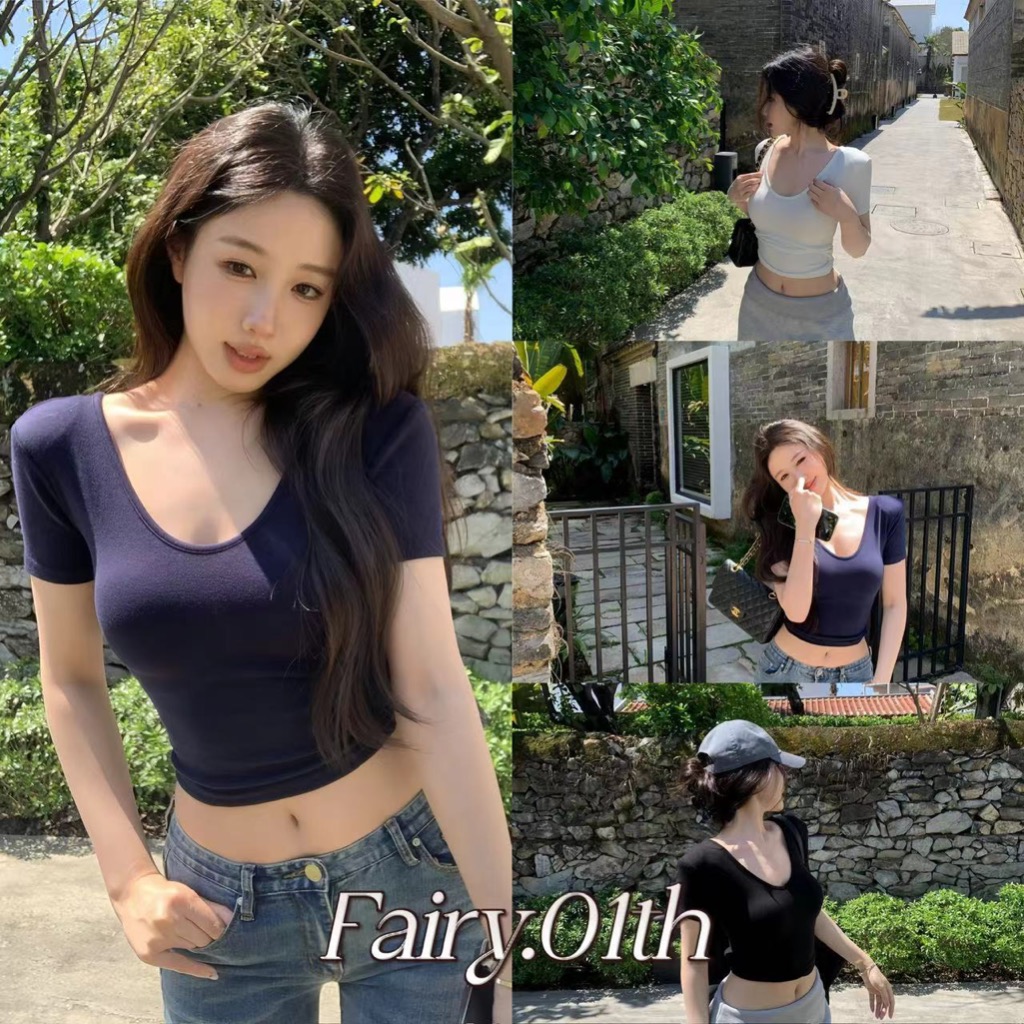 Fariy🍒（ไทยส่ง）เสื้อยืดแขนสั้น คอวี เข้ารูป เข้ารูป สีน้ําเงินกรมท่า แฟชั่นฤดูร้อน สไตล์เกาหลี สําหรับผู้หญิง