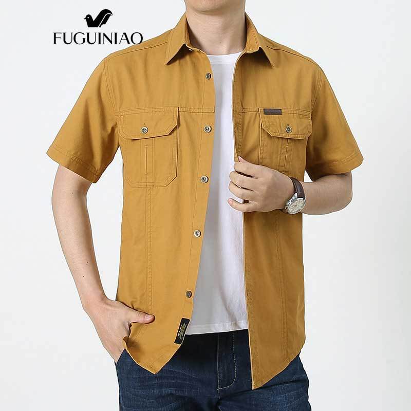 Fuguiniao เสื้อเชิ้ตแขนสั้นลําลอง สีพื้น พร้อมกระเป๋า แฟชั่นฤดูร้อน สไตล์ทหาร สําหรับผู้ชาย