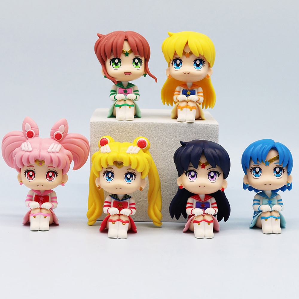 6 ชิ้น/เซ็ต เซเลอร์มูน นั่ง Q Ver. รูป Tsukino Usagi ตุ๊กตาของเล่น Mizuno Ami Hino Rei Kino Makoto Action Figurines ของขวัญ