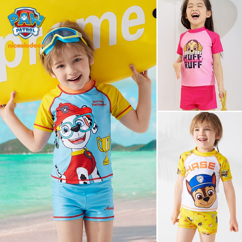 🏊‍♂️ชุดว่ายน้ำเด็กผู้ชาย ชุดว่ายน้ำแขนสั้น สำหรับเด็ก ลาย Paw Patrol 2 ชิ้น ชุดว่ายน้ำน่ารัก วันพีซ ลายการ์ตูน สำหรับเด็กผู้หญิง และเด็กผู้ชาย