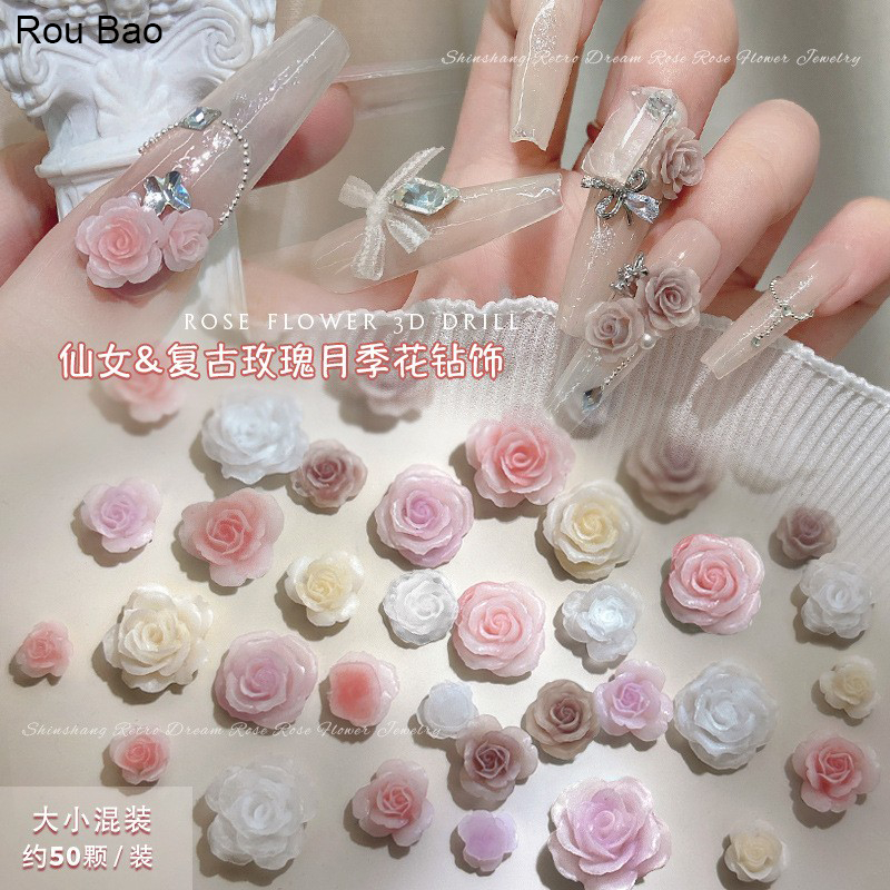 Rou Bao ดอกคามิเลีย ดอกกุหลาบ สไตล์จีน เรโทร หลากสี สําหรับตกแต่งเล็บ DIY 50 ชิ้น