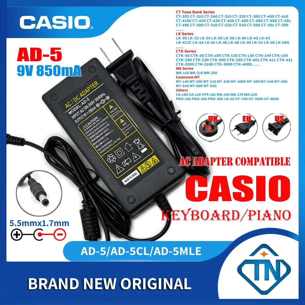 อะแดปเตอร์พาวเวอร์ซัพพลาย 9V 850mA AD-5 ADR-8 AC สําหรับคีย์บอร์ดเปียโน Casio CTK-558 CTK-611 CTK-615 CTK-620L CTK-630 CTK-631 CTK-648