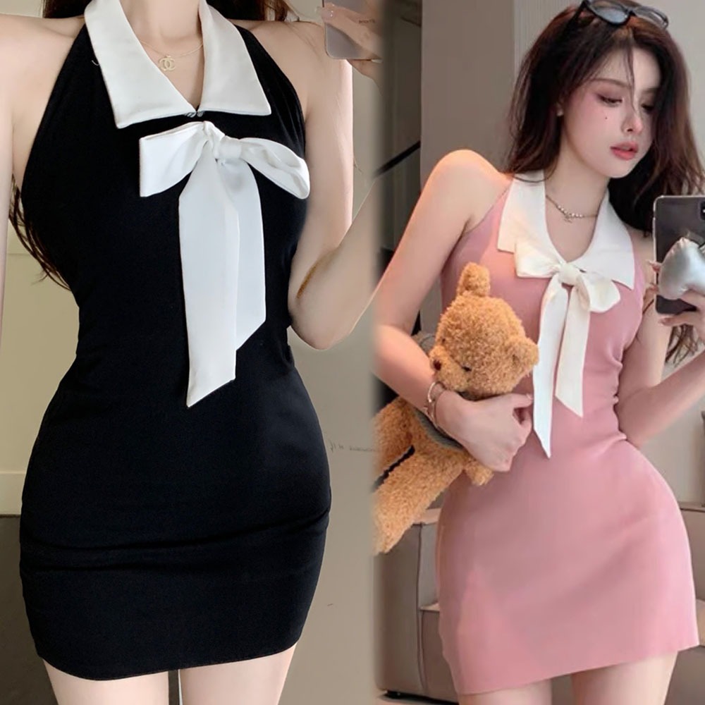 Hotgirl พร้อมส่งจากกทม ชุดเดรสสั้นสีดำเซ็กซี่รัดสะโพก ชุดเดรสเว้าไหล่กระชับสัดส่วน ดีไซน์โบว์ที่หน้าอก