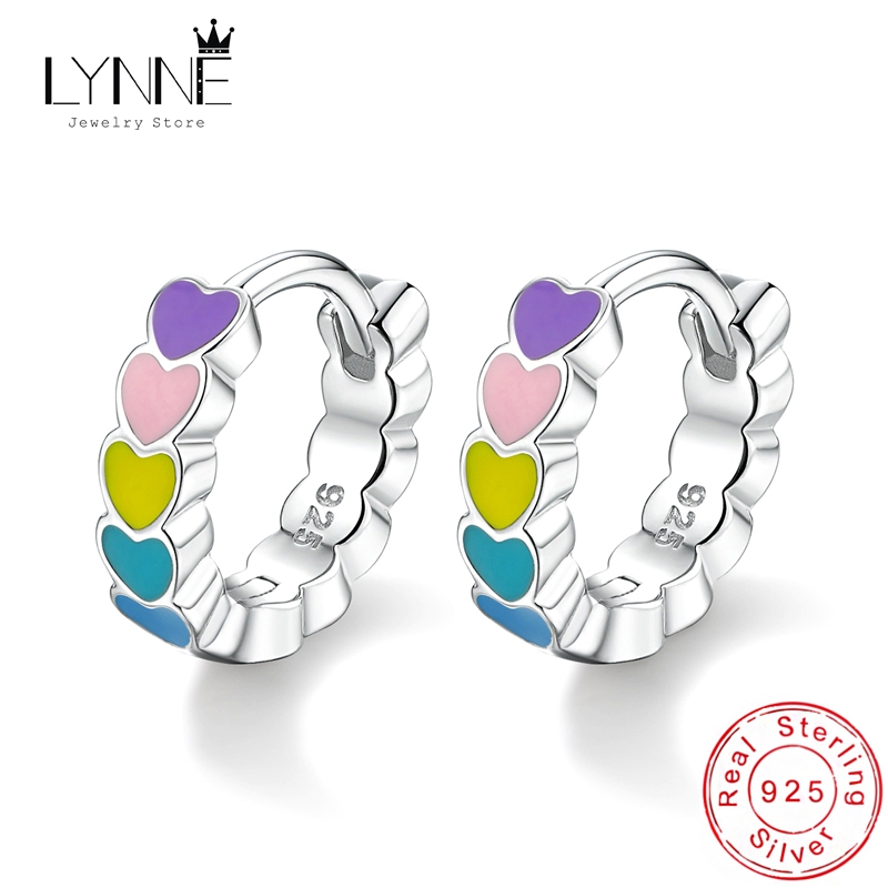 Lynne ใหม่ ต่างหูห่วง เงินสเตอร์ลิง 925 จี้รูปหัวใจ สีเหลือง และสีม่วง และสีฟ้า เครื่องประดับแฟชั่น สําหรับผู้หญิง
