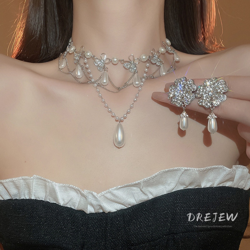 DREJEW ชุดสร้อยคอโซ่ ประดับมุก รูปหยดน้ํา และเพชร หรูหรา สไตล์ฝรั่งเศส