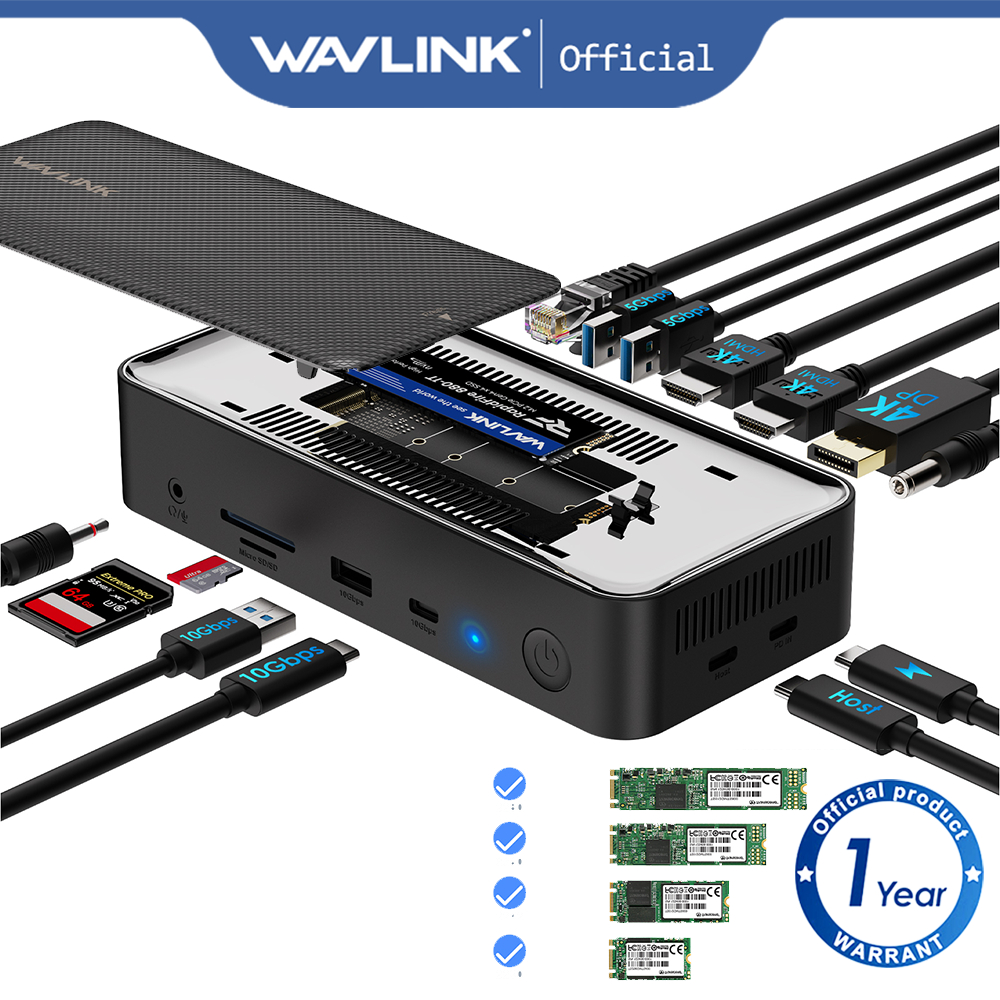 Wavlink ฮับ USB Type C 10Gbps พร้อม M.2 PCIe SATA SSD Enclosure รองรับ 100W PD 4K 60Hz HDMI DP