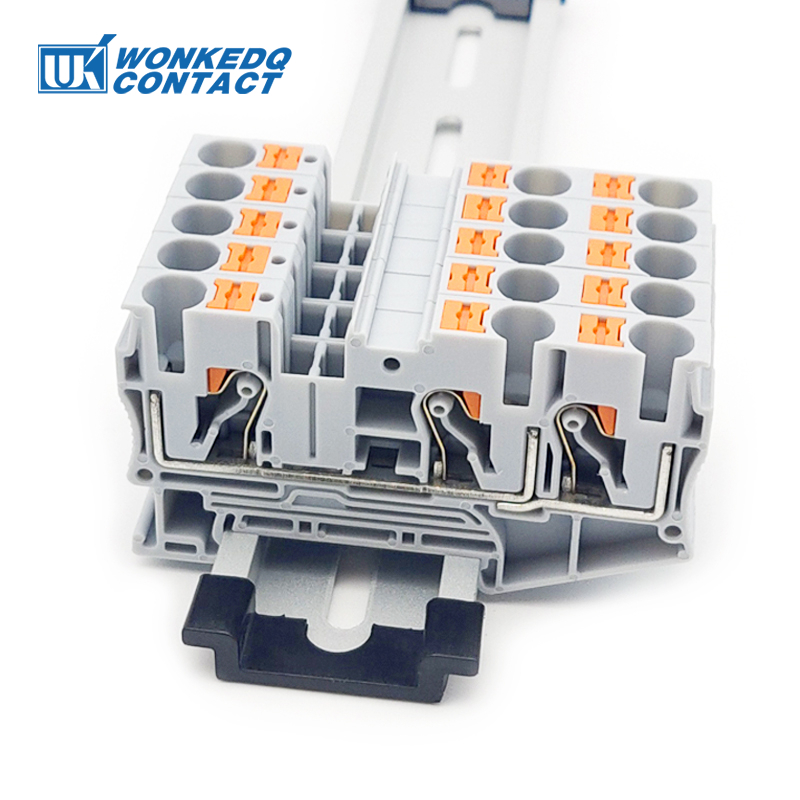 Pt6-tw Din Rail Terminal Block การเชื่อมต่อแบบกด 6mm2 1 in 2 out ขั้วต่อสายไฟ PT 6-TWIN พร้อมฝาครอบปลาย/สะพาน/เครื่องหมาย