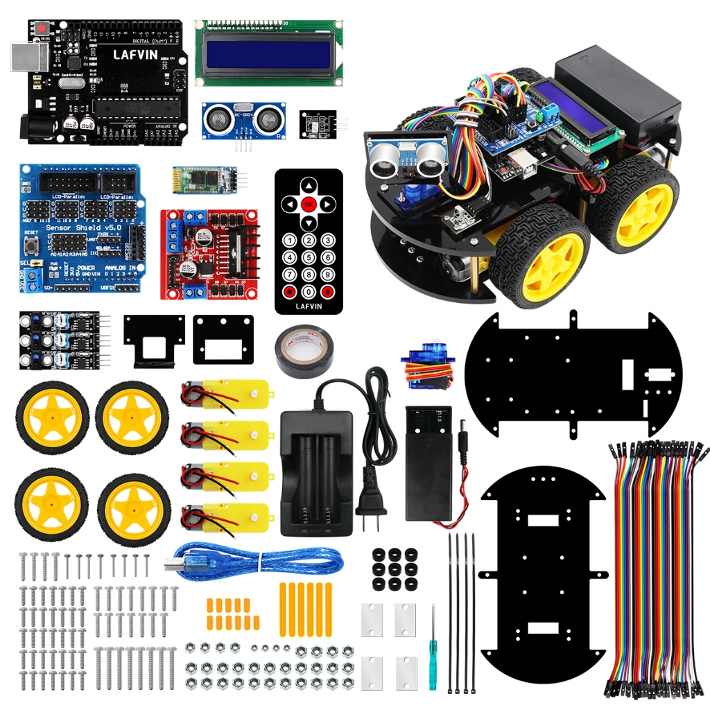 Lafvin ชุดโครงรถหุ่นยนต์อัจฉริยะ UNO R3 4WD พร้อมตัวสอน อเนกประสงค์ DIY สําหรับ Arduino