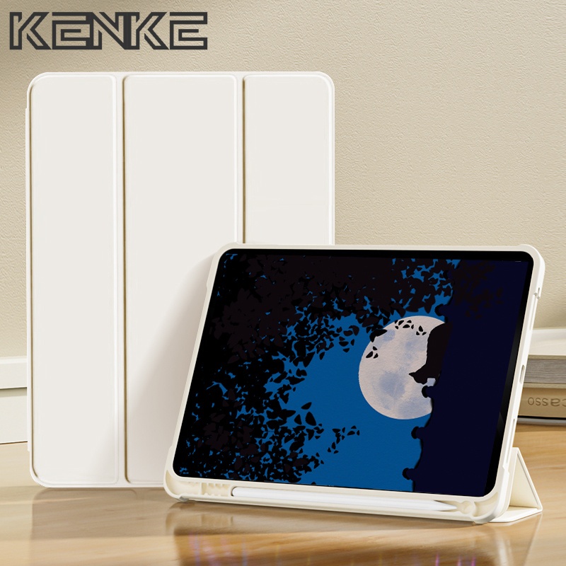 KENKE เคส iPad เคสซิลิโคน TPU นุ่มพร้อมช่องใส่ดินสอสำหรับ เคสไอแพด gen10 iPad Pro 12.9 นิ้วเคส mini6 iPad Pro 11 นิ้ว (2020/2021/2022) เคสไอแพด air 5 air 4 ipad 5 6 iPad Air 3 iPad 10.2 นิ้ว เคสไอแพด gen 9 gen 8 gen 7 cover กันพันแบบเต็ม สีขาว