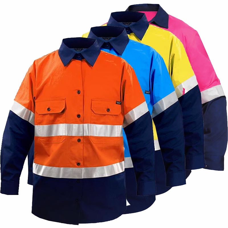 Hi Vis เสื้อเชิ้ตแขนยาว ผ้าฝ้าย สะท้อนแสง เพื่อความปลอดภัย สําหรับผู้ชาย ใส่ทํางาน