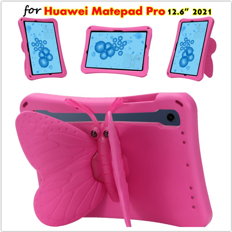 Huawei Matepad Pro 12.6 2021 with Pen Holder Rotating Stand Kids Safe Butterfly Stand EVA Rubber Shockproof Rugged Tough Case Cover