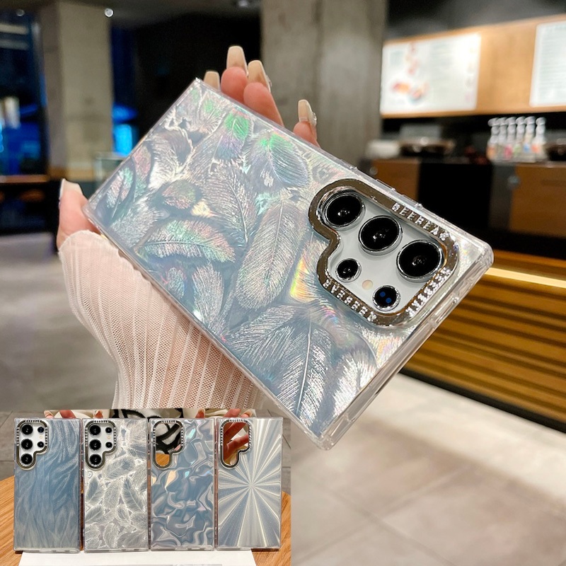 เคสโทรศัพท์มือถือแบบนิ่ม กันกระแทก ลายขนนก ระยิบระยับ หรูหรา สําหรับ Samsung S24 S23 S22 Ultra Plus 5G