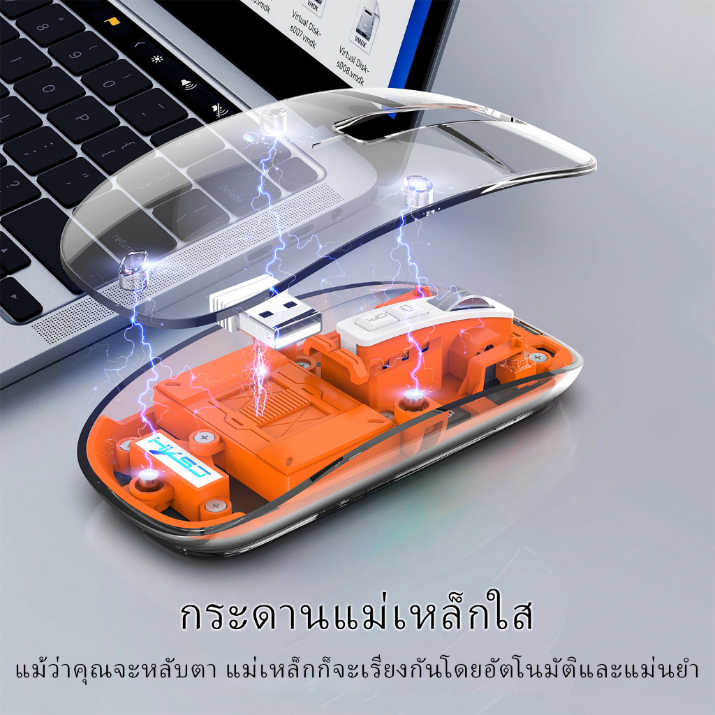 🔥ขายตรงจากโรงงาน🔥เมาส์ไร้สายแบบใส 3 โหมด 2.4G/Bluetooth 5.1 เมาส์ไร้สายแบบชาร์จไฟได้เงียบ