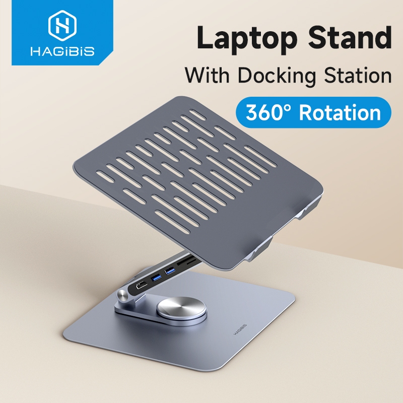 Hagibis 360 หมุนอลูมิเนียมแล็ปท็อปสําหรับโต๊ะ USB C Dock 8 พอร์ต 4k HDMI PD 100W ขยาย Ergonomic แล็ปท็อป Riser USB C Hub สําหรับ Macbook Windows โน้ตบุ๊ค
