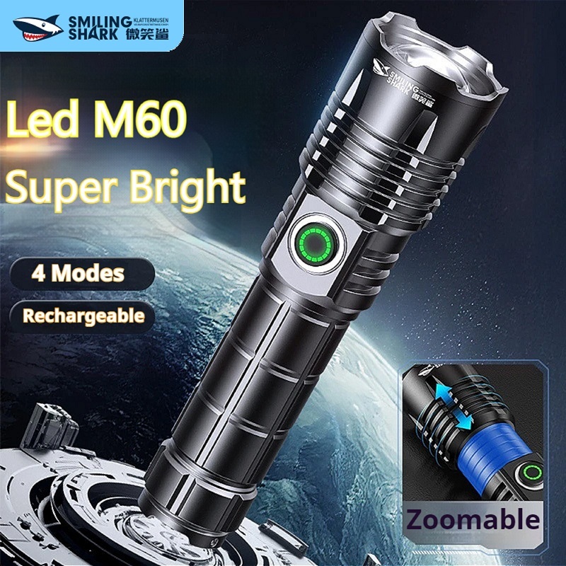 Smiling Shark SD7163 ไฟฉาย LED M60 ซุปเปอร์ไบรท์ ไฟฉาย เครื่องมือไฟสูงกลางแจ้ง 18650 กันน้ํา USB ชาร์จโคมไฟกลางแจ้ง